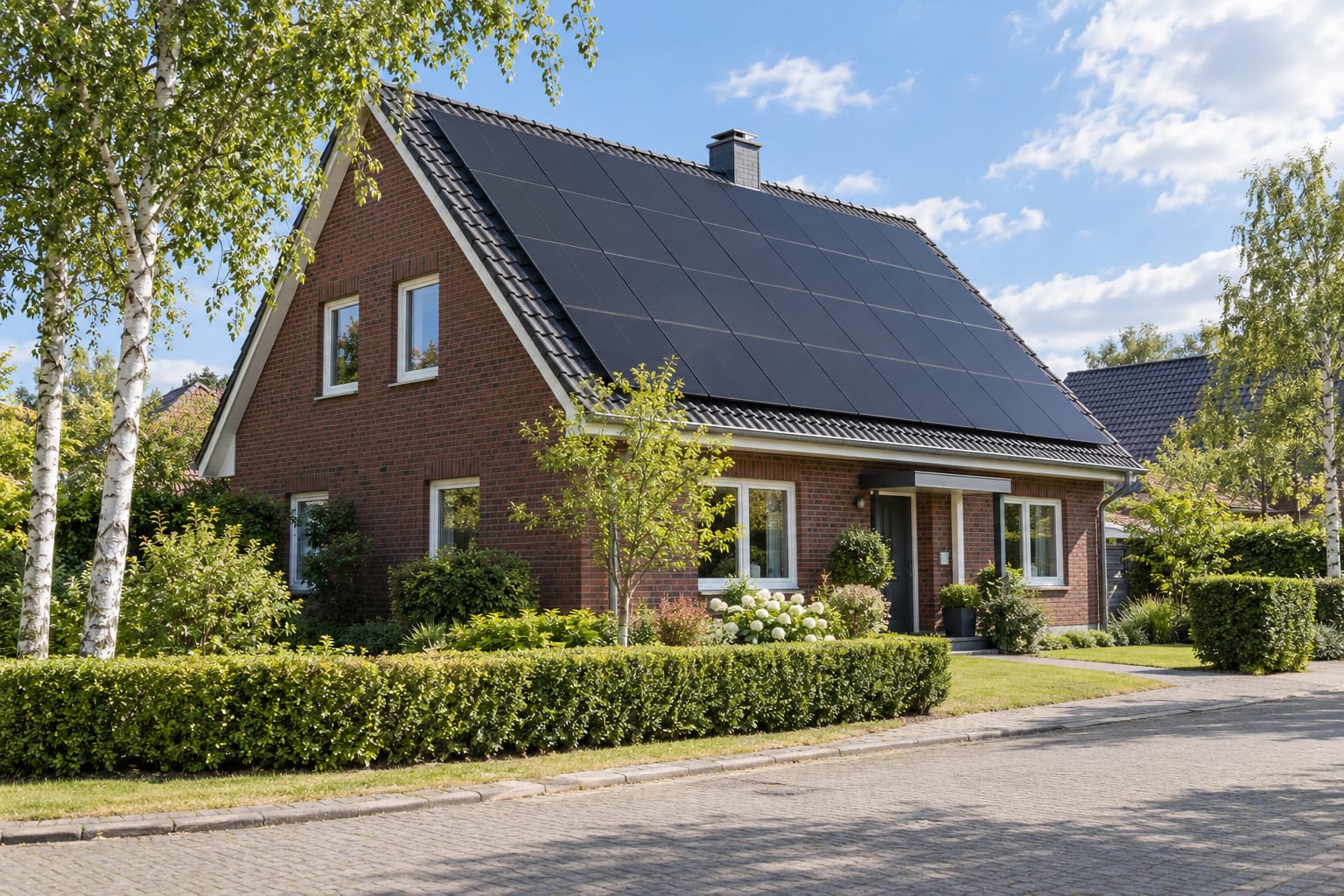 Photovoltaik Lüneburg: Klinkerhaus mit schwarzer Solaranlage auf dem Satteldach
