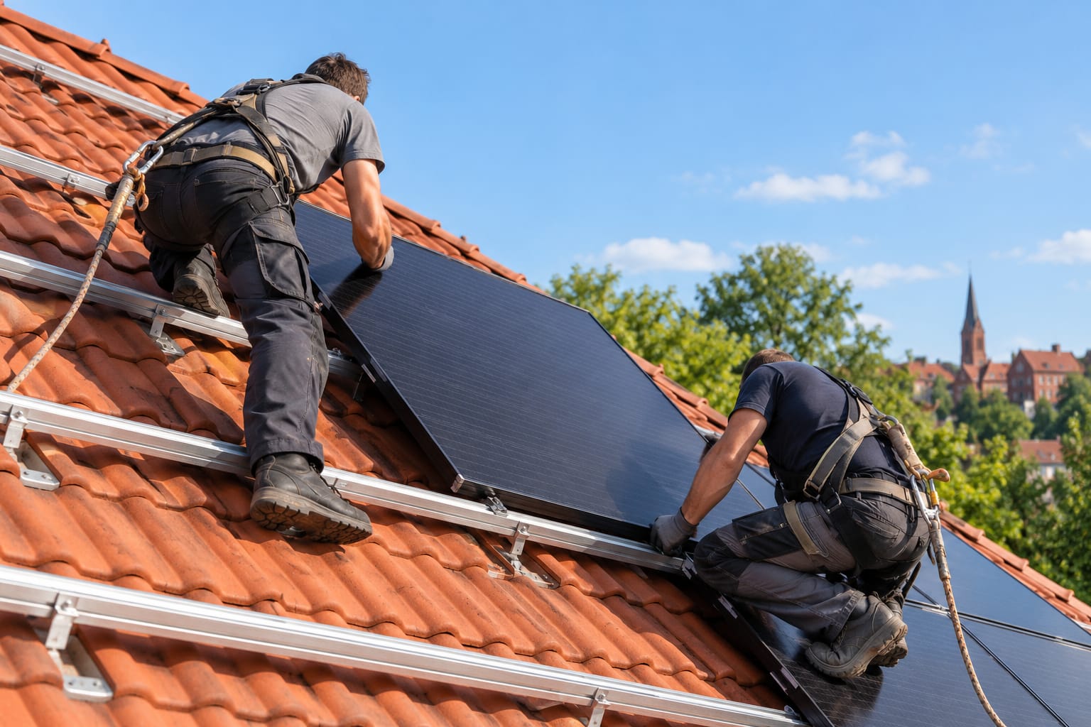 Solaranlage Lüneburg: Monteure setzen Solarmodule auf ein Tondach