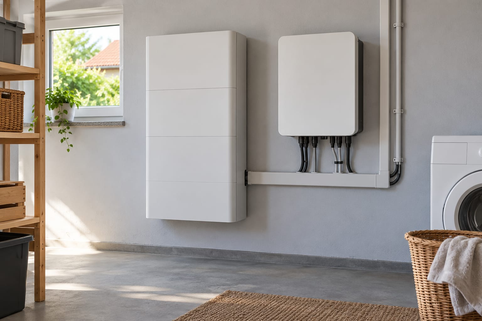 Stromspeicher und Wechselrichter einer Photovoltaikanlage im Hauswirtschaftsraum